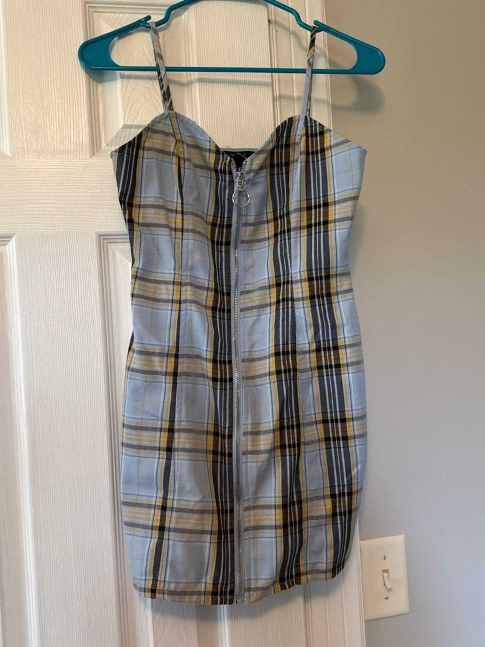 Forever 21 Light Blue & Yellow Plaid Zip-Front Mini Dress